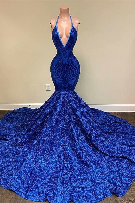 Royal Blue Halter Sleeveless Sequins Prom Dress Mermaid With Floral Bottom