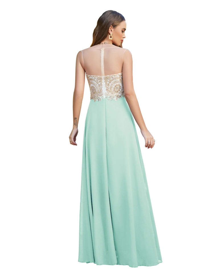 A-line Scoop Chiffon Appliques Floor-Length Dresses Koscy