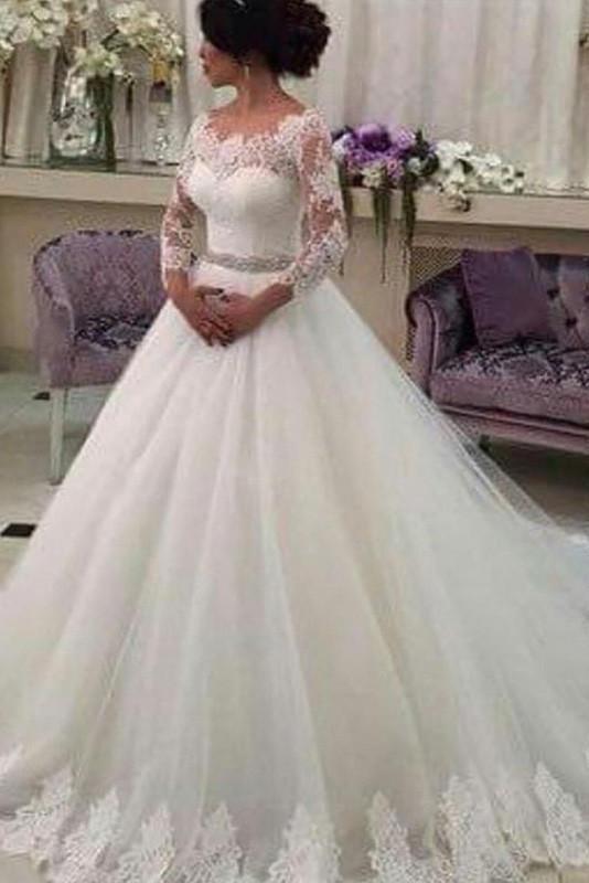 Bmbride Customized Tulle Wedding Dress Long Sleeves Ball Gowns Lace
