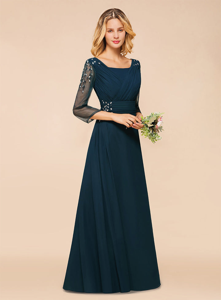 Aline 3/4 Sleeves Tulle Pleated Chiffon Floor-Length Dress with Beadings-koscy