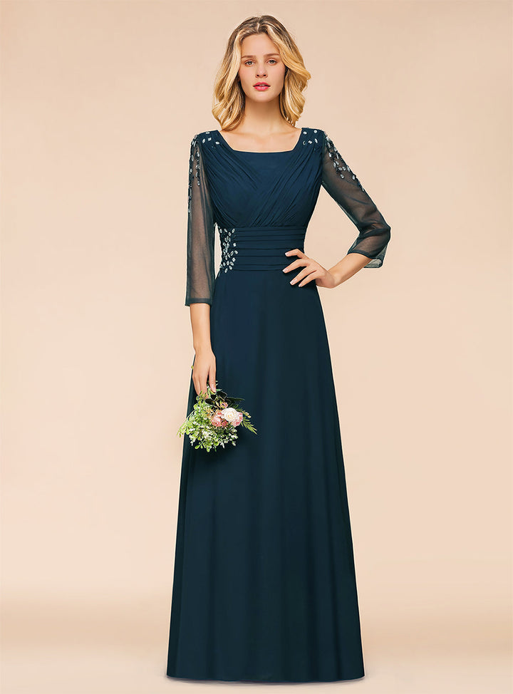 Aline 3/4 Sleeves Tulle Pleated Chiffon Floor-Length Dress with Beadings-koscy