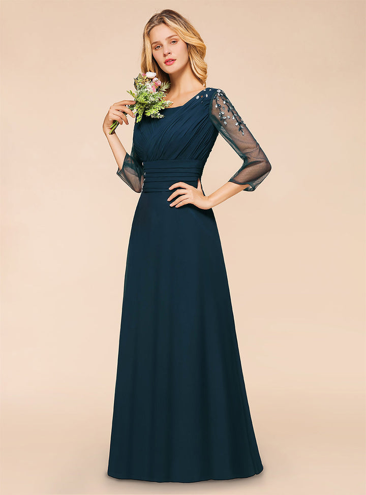 Aline 3/4 Sleeves Tulle Pleated Chiffon Floor-Length Dress with Beadings-koscy