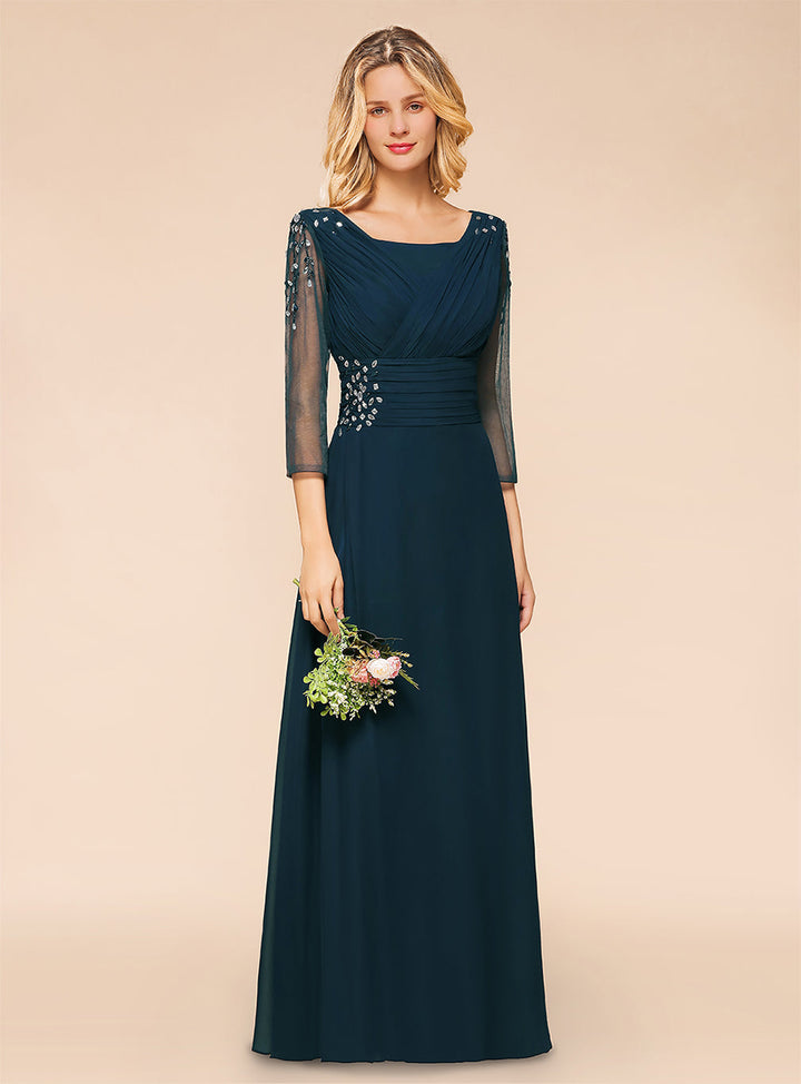 Aline 3/4 Sleeves Tulle Pleated Chiffon Floor-Length Dress with Beadings-koscy