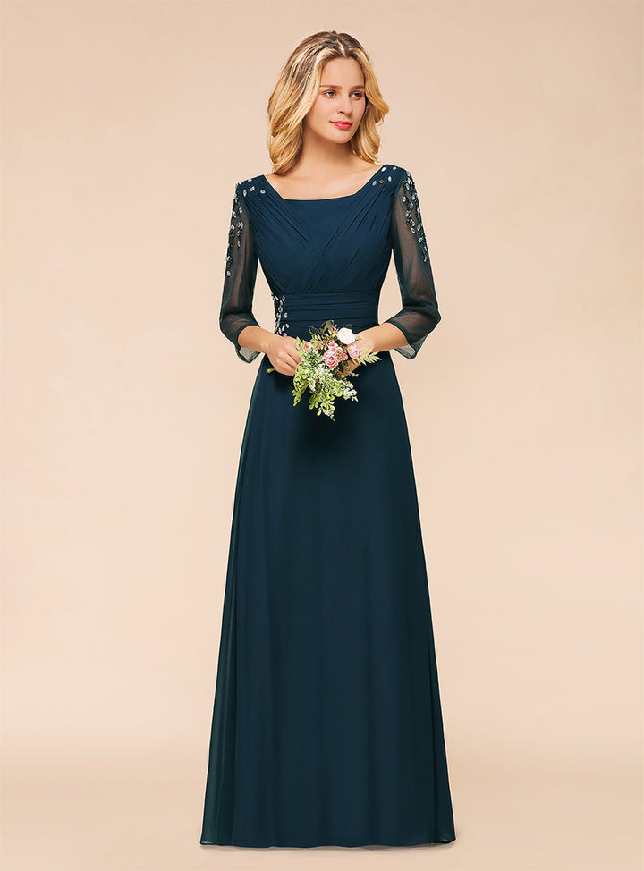 Aline 3/4 Sleeves Tulle Pleated Chiffon Floor-Length Dress with Beadings-koscy