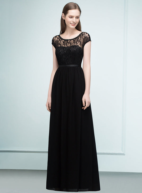 Aline illusion Lace Chiffon Floor Length Dress Black-koscy