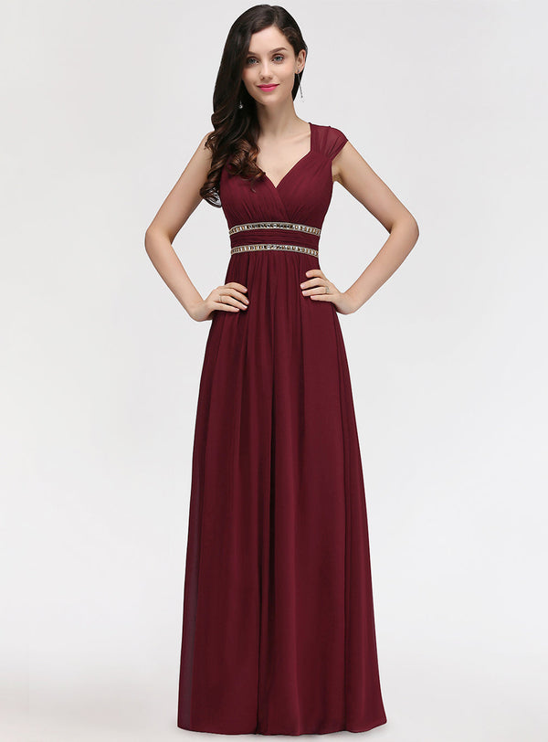 Aline Ruched Chiffon Floor-Length Dress Burgundy with Beadings-koscy