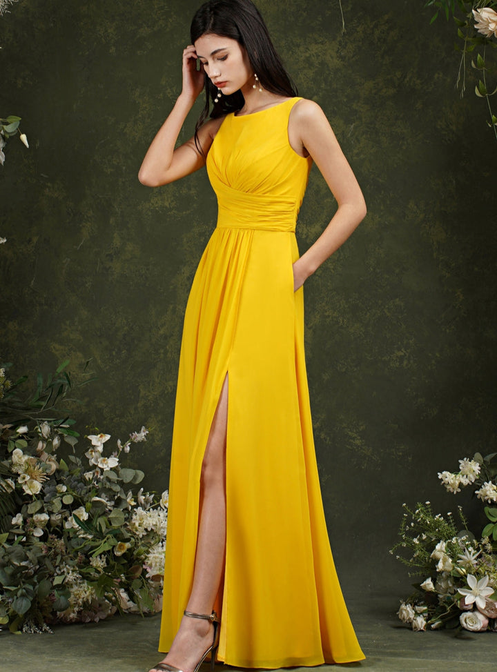 Aline Scoop Neck Ruffle Chiffon Side Slit Floor Length Dress with Pocket-koscy