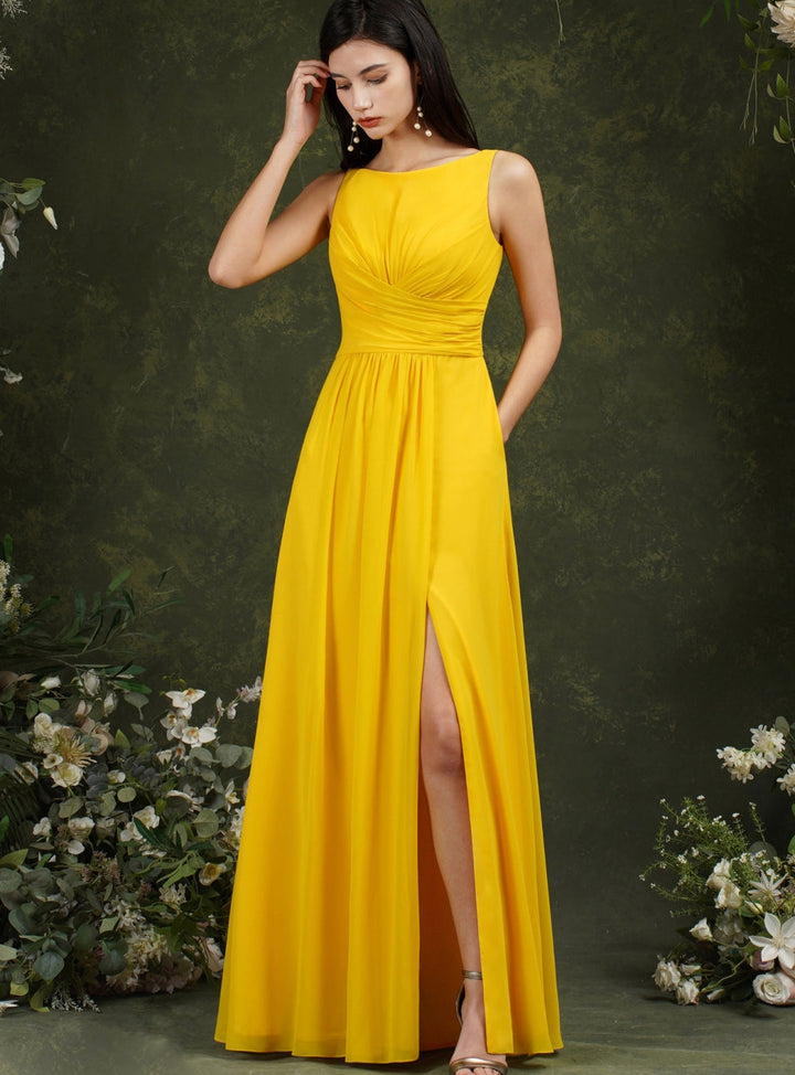 Aline Scoop Neck Ruffle Chiffon Side Slit Floor Length Dress with Pocket-koscy