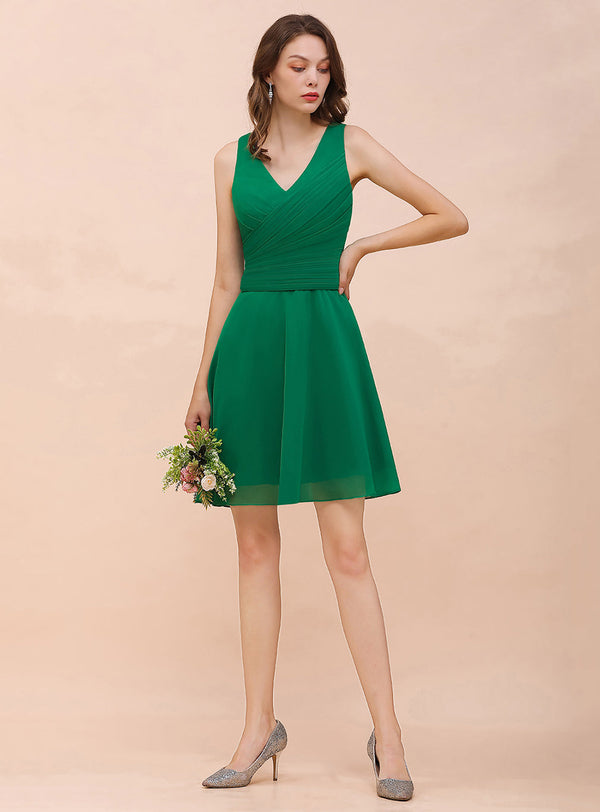 Aline Sleeveless Ruffle Chiffon Knee-Length Dress Emerald-koscy