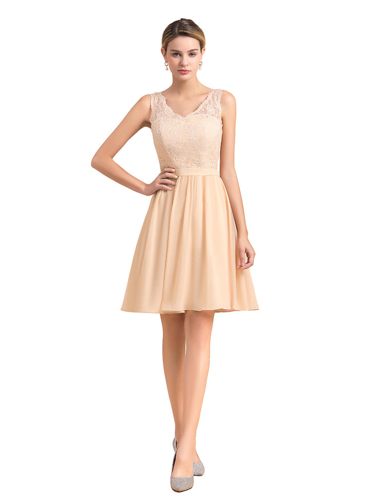 Aline V-Neck Ruched Chiffon Knee-Length Dress with Lace-koscy