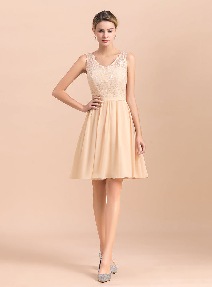 Aline V-Neck Ruched Chiffon Knee-Length Dress with Lace-koscy