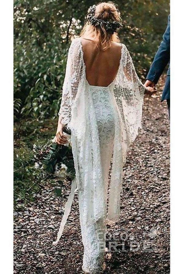 Bmbride Boho Ivory Wedding Dress with Batwing Sleeves and Rustic Lace Back