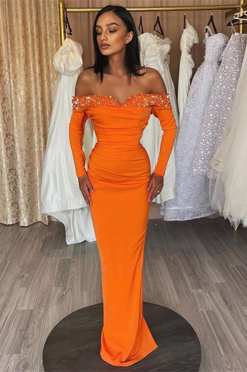 Orange Off-The-Shoulder Long Sleeves Strapless Mermaid Prom Dress with Sequins