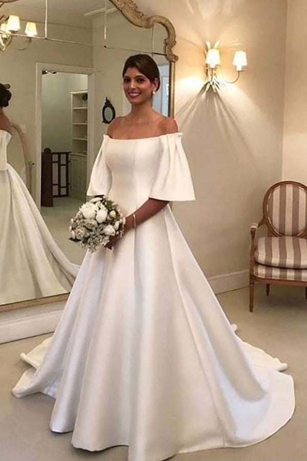 Bmbride A-Line Off-the-Shoulder Short Sleeve Satin Ruffles Train Wedding Dress