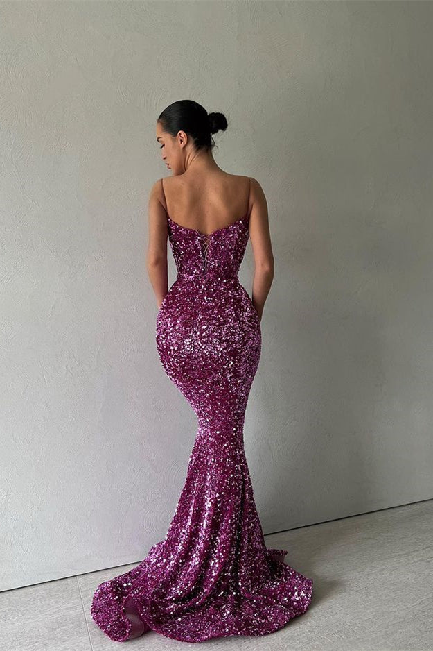 Mermaid Purple Sequins Evening Dress with Spaghetti Straps