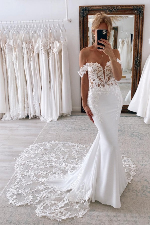 Bmbride Long Mermaid Off the Shoulder Chiffon Lace Backless Wedding Dresses