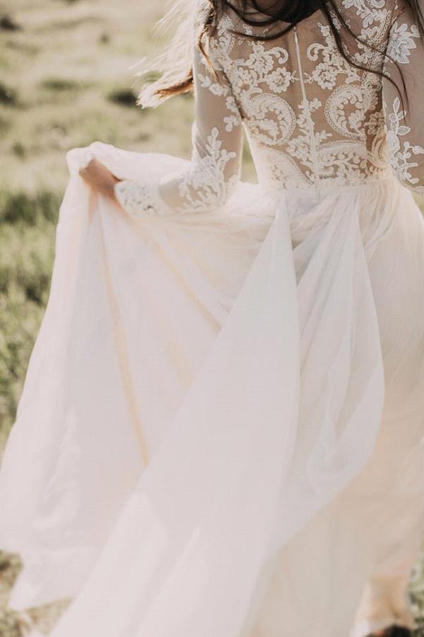 Bmbride Long Sleeve Appliques Chiffon A-line Wedding Dress