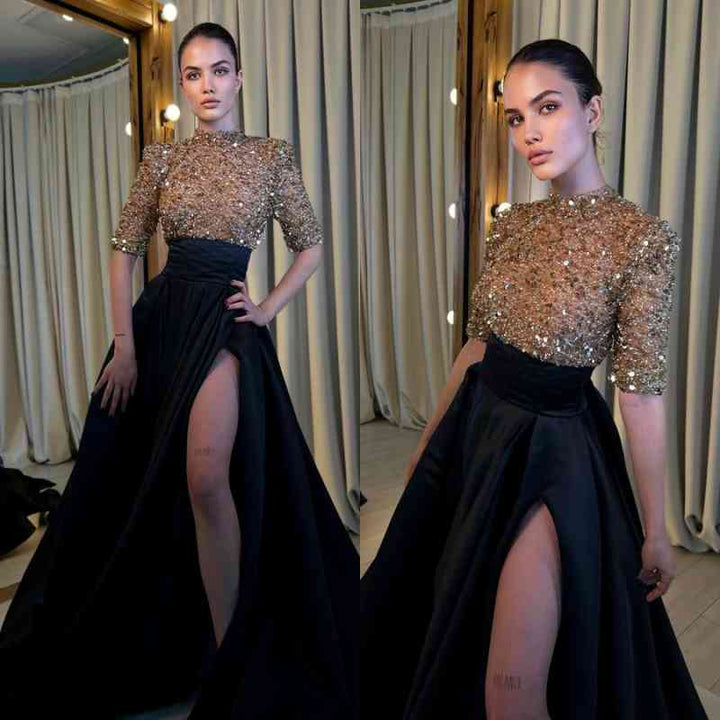 Long Sleeves Black and Champagne Mermaid Slit Prom Dress