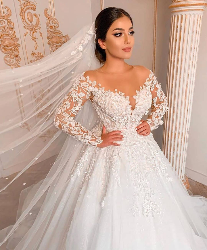 Bmbride Princess Tulle Long Sleeves Lace Wedding Dress