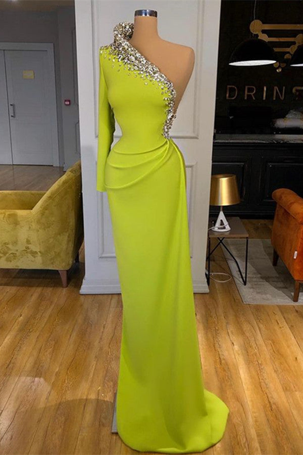 Green One-Shoulder Mermaid Prom Dress With Beadings Long Sleeves