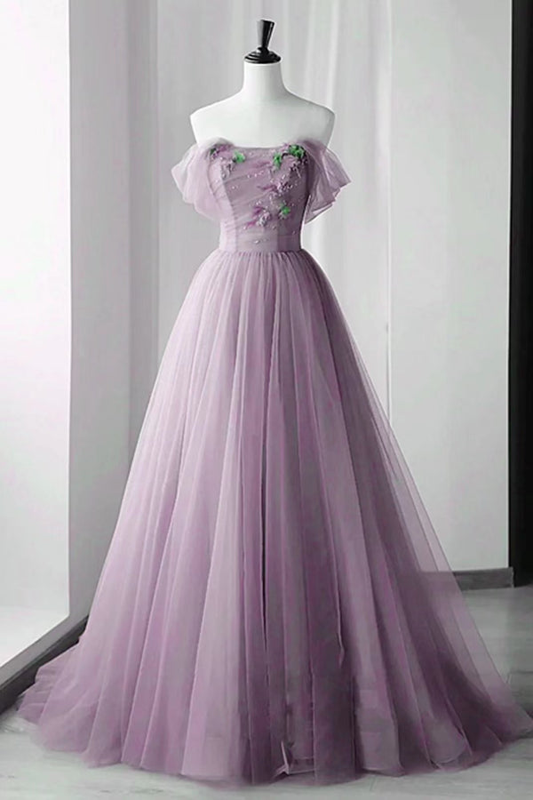 Off-The-Shoulder Lilac Evening Dress With Beadings Appliques And Tulle