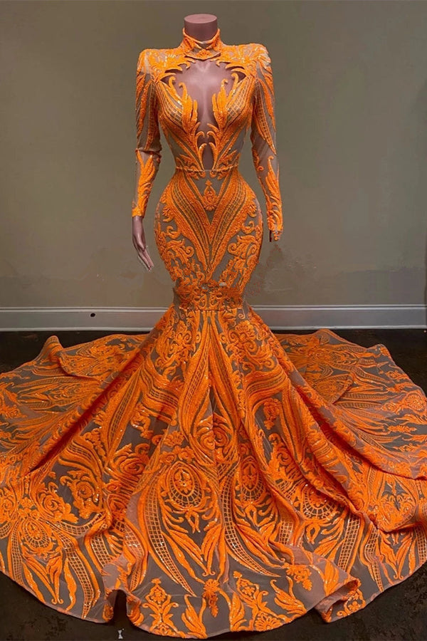 Mermaid Prom Dress with Orange Long Sleeves Sequins and Lace