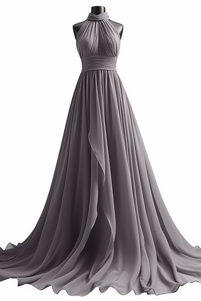 Purple Halter Chiffon Prom Dress with Sleeveless and Long Pleated design