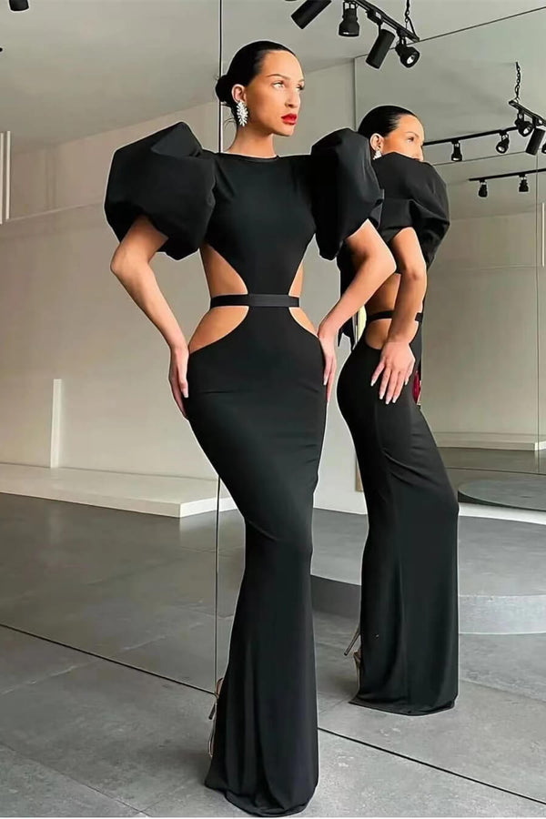 Online Black Mermaid Evening Dress with Puff Sleeves