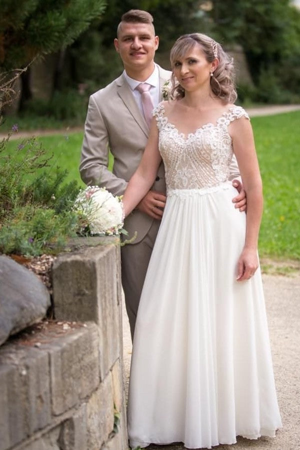 Bmbride A-Line Chiffon Wedding Dress with Lace Appliques