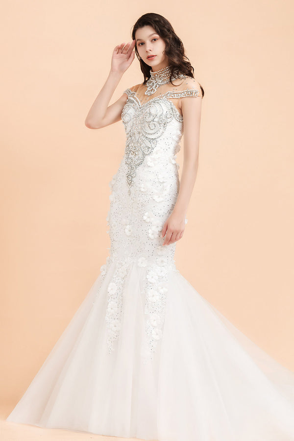 Bmbride Crystal Beads Tulle Mermaid Wedding Dress with Appliques