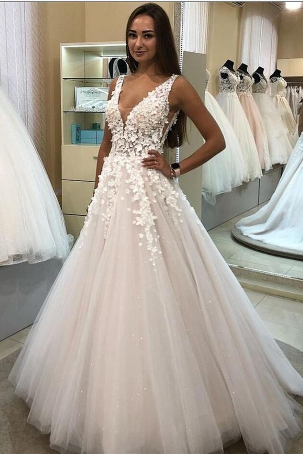 Bmbride Long V-neck Tulle 3D Floral Wedding Dress