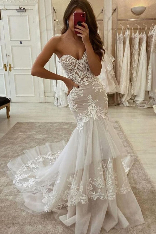 Bmbride Sweetheart Mermaid Appliques Lace Ruffles Tulle Wedding Dress