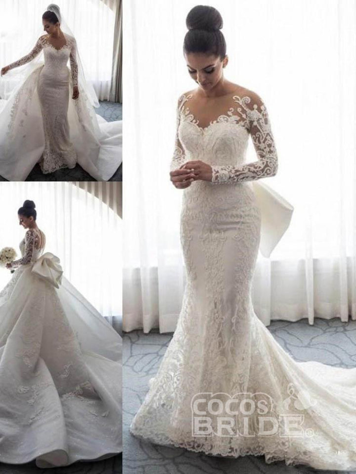 Bmbride Lace Mermaid Wedding Dresses with Long Sleeves