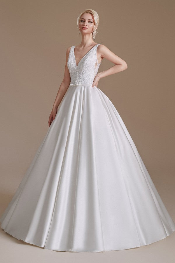 Bmbride A-line V-neck Satin Wedding Dress with Appliques Lace