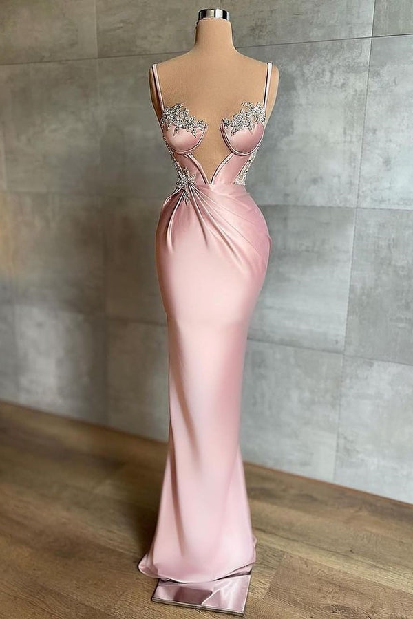 Pink Beautiful Prom Dress with Spaghetti Straps and Beadings