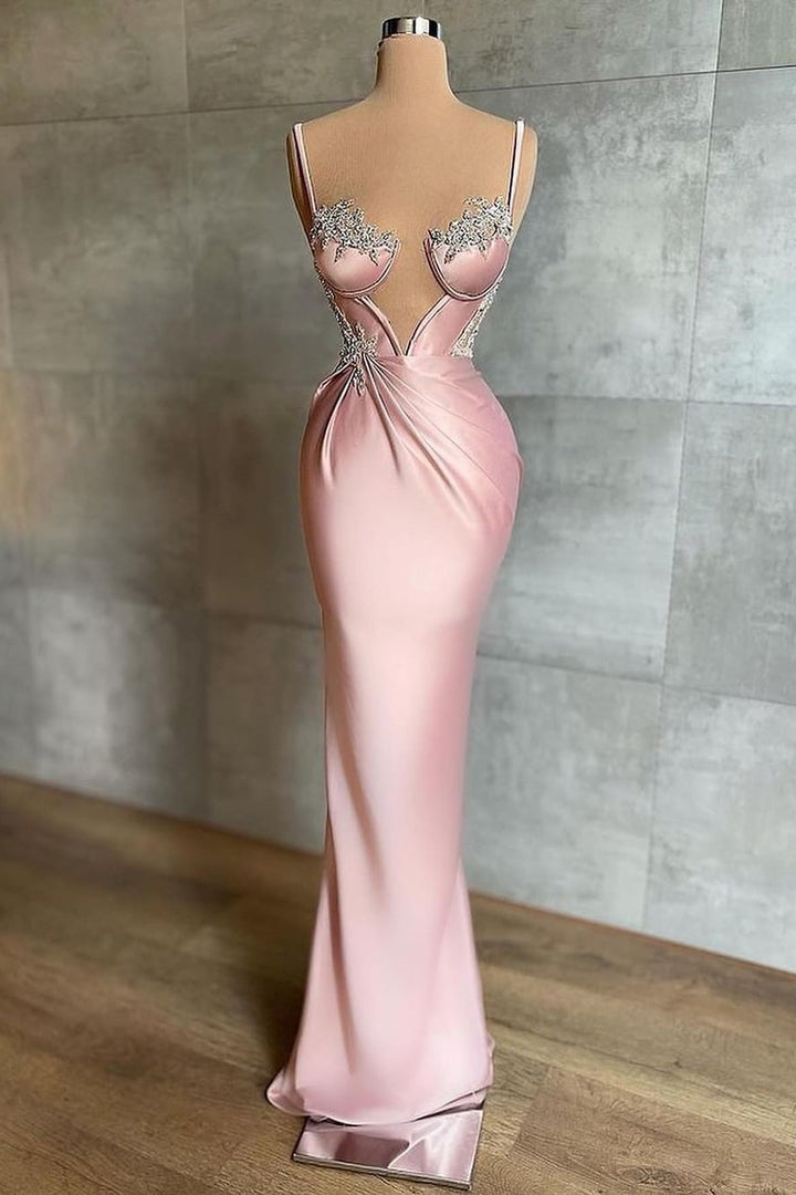 Pink Beautiful Prom Dress with Spaghetti Straps and Beadings