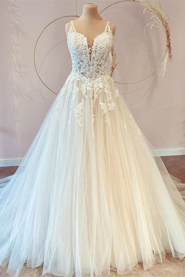 Bmbride Long Princess Sweetheart Tulle Appliques Lace Wedding Dress