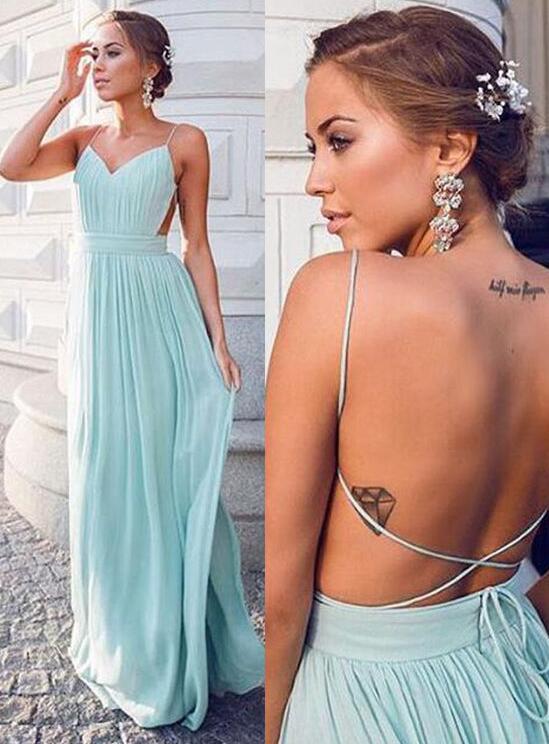 Mint Spaghetti-Straps Long Chiffon Prom Dress