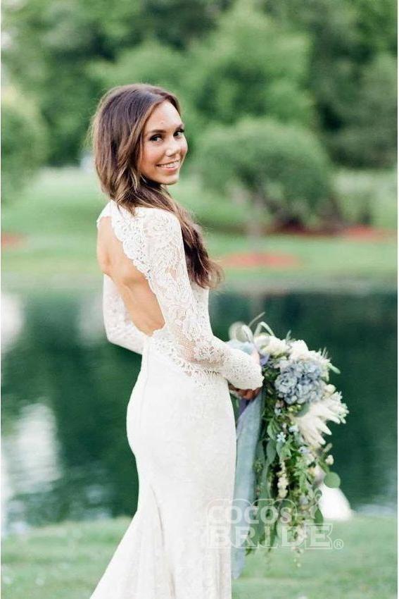 Bmbride Sophisticated Mermaid Backless Long Sleeve Lace Bridal Gown