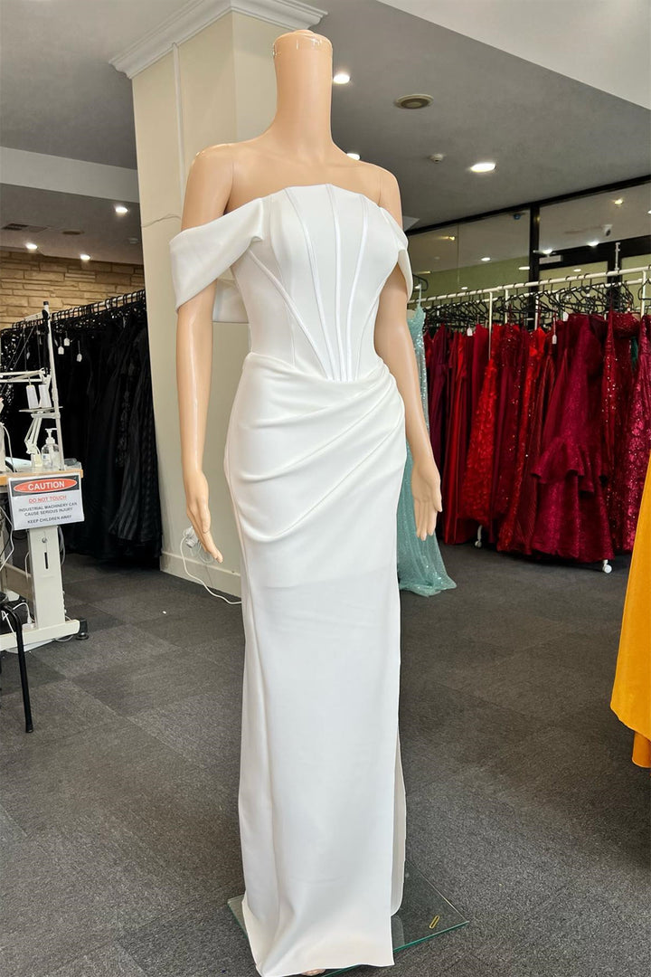 Off-The-Shoulder White Mermaid Slit Prom Dress With Pleated