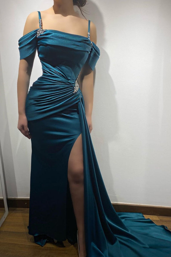 Prom Dress Charmeuse Spaghetti Strap Sleeveless High Slit Ink Blue