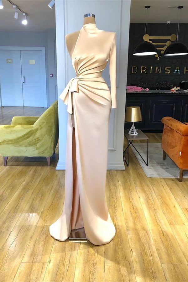 High Neck Champagne Long Sleeves Mermaid Prom Dress with Split