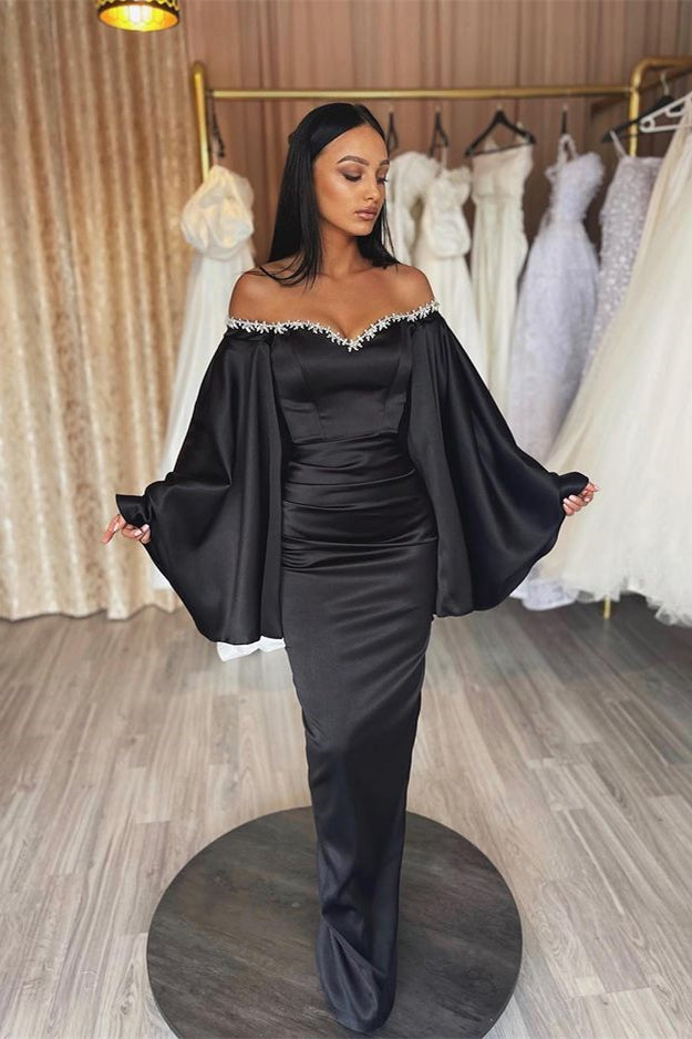 Black Evening Dress Prom Dress Long Sleeves with Applique Pleated