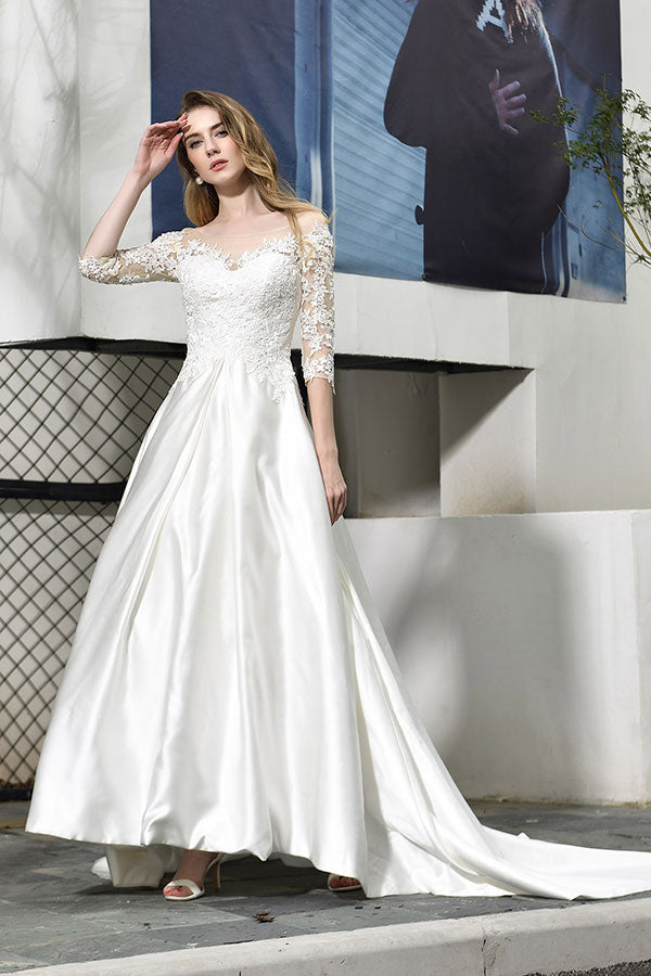 Bmbride Lace-up A-Line Applique Satin Wedding Dress