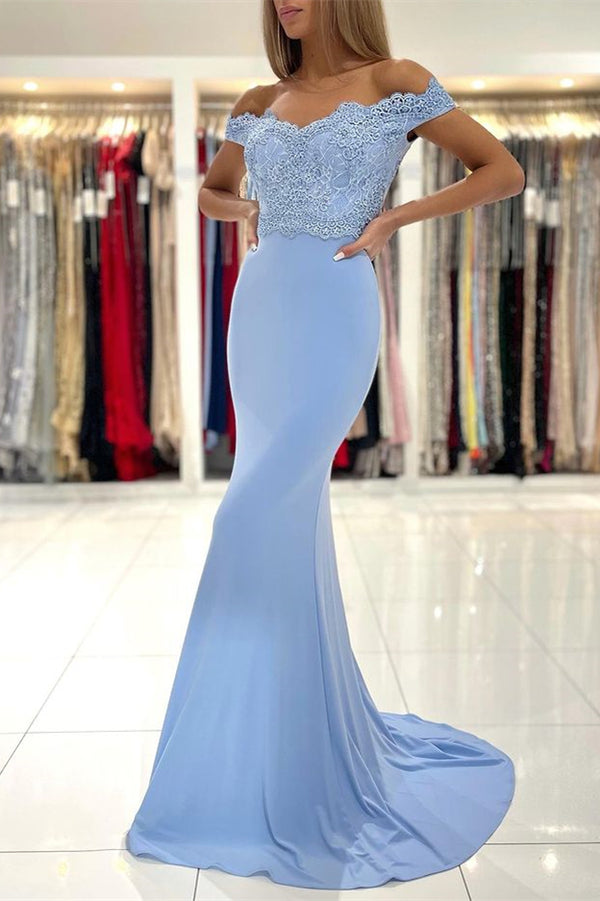 Elegant Off-the-Shoulder Mermaid Prom Dress Featuring Lace Appliques