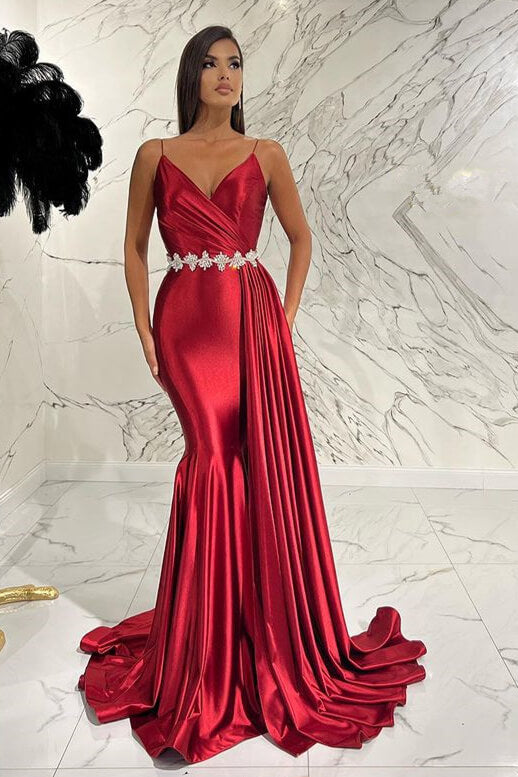 Red Spaghetti-Straps Deep V-Neck Mermaid Evening Dress With Belt Ruffles