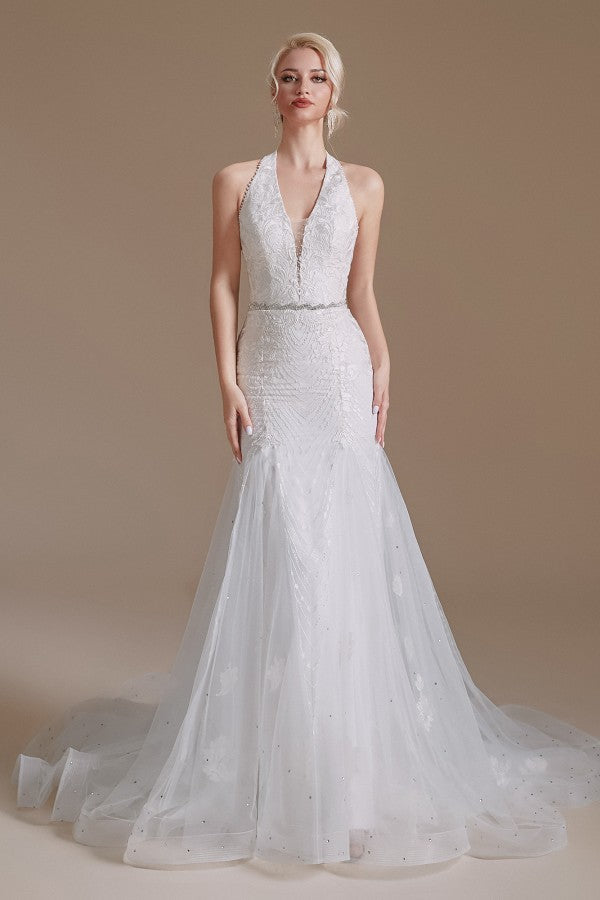 Bmbride Long Elegant Mermaid Halter Tulle Wedding Dress with Floor-Length and Appliques Lace