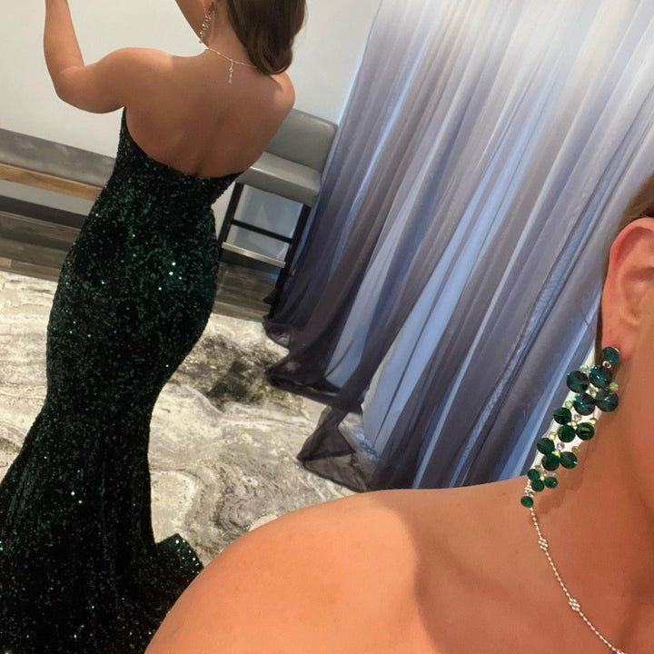 V-Neck Long Mermaid Prom Dress with Sequins in Dark Green