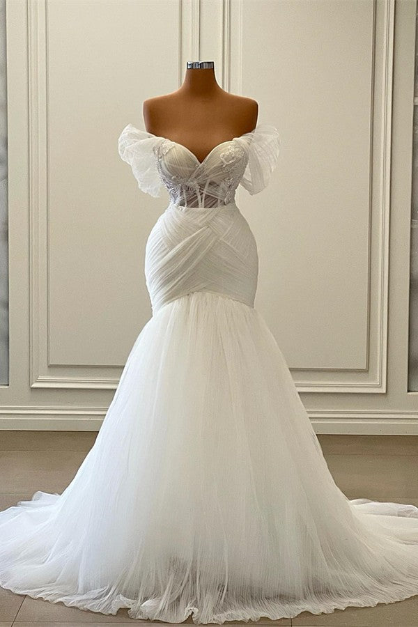 Bmbride White Long Mermaid Off the Shoulder Tulle Wedding Dress