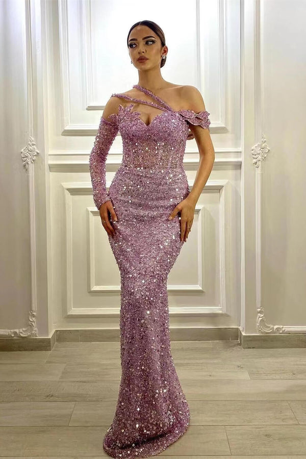 Gorgeous Lavender Long Sleeves Sequins Mermaid Prom Dress